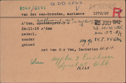 Kaart Joodse Raad van Marianne van der Ven - Dresden. Bron: Arolsen Archives.  