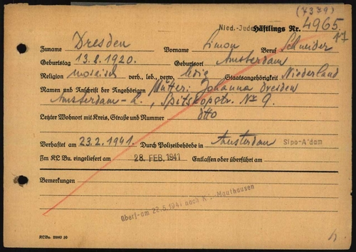 Simon Dresden, het arrestatiebewijs (?) met arrestatiedatum van 23 februari 1941, datum van overbrenging naar ‘Bu’ (Buchenwald) en KL. Mauthausen. Bron: Arolsen Archives.  