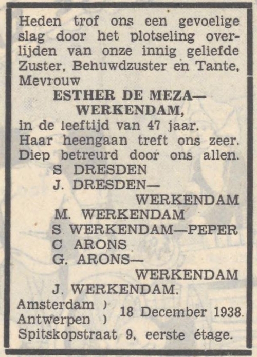 Familiebericht n.a.v. het overlijden van Esther de Meza – Werkendam: Bron: Zaans volksblad: sociaal-democratisch dagblad van 21-12-1938  