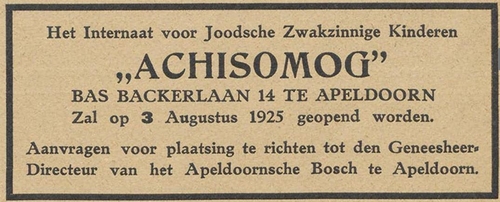 Aankondiging van de opening van de kinderafdeling Achisomog van Het Apeldoornsche Bosch, bron: De Vrijdagavond; joodsch weekblad jrg 2, 1925, no 17, 24-07-1925  