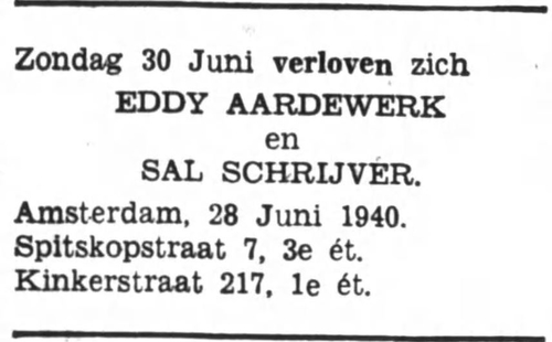 Aankondiging van de verloving van Eddy Aardwerk en Sal Schrijver, bron: Het Volk van 20-06-1940.  