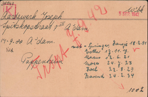 Kaart Joodse Raad van Joseph Aardewerk, bron: Arolsen Archives  