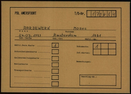 Document (kaart) van het Concentratiekamp Amersfoort van Mozes Aardewerk, bron: Arolsen Archives.   