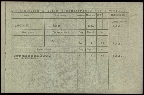 Transportbevel van Mozes Aardwerk van Kamp Amersfoort naar Mauthausen, gedateerd op 17 augustus 1942, bron: Arolsen Archives  