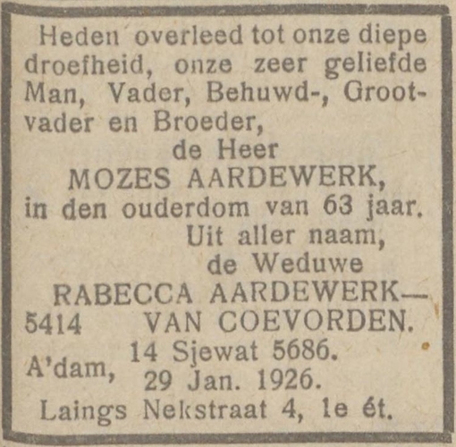 Familiebericht in het NIW van 05-02-1926 over het overlijden van Mozes Aardwerk.  