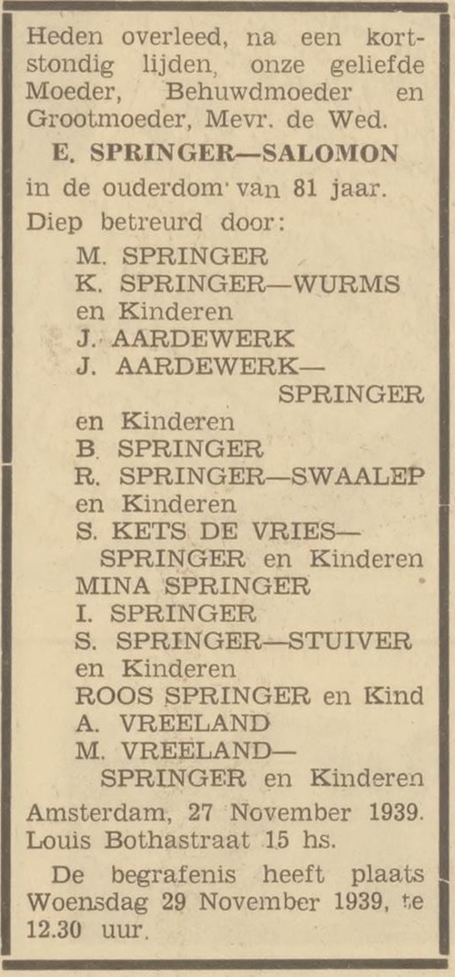 Familiebericht m.b.t. het overlijden van Esther Springer-Salomon, Het Volk van 28-11-1939  