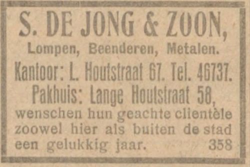 Advertentie van lompenhandel S. de Jong & zn. Bron: het NIW van 07- 09- 1923  