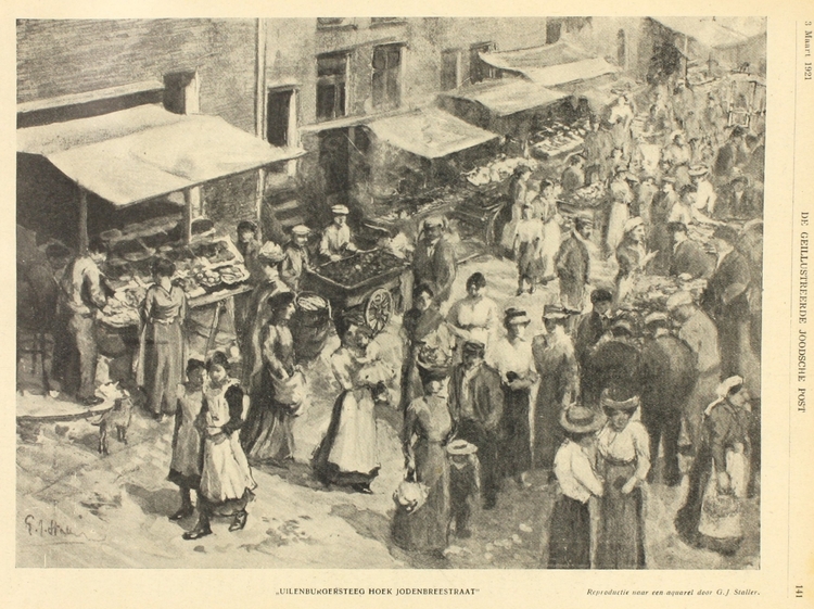 Uilenburgerstraat, hoek Jodenbreestraat. Reproductie naar aquarel van G.J. Staller, opgenomen in de Geïllustreerde Joodsche Post van 3 maart 1921.   