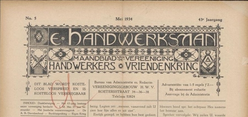Titelblad – kop. Bron: De handwerksman; maandblad van de Vereeniging Handwerkers Vriendenkring, jrg 43, 1934, no 5, 1934  
