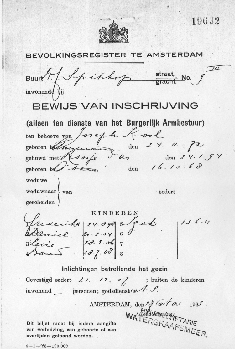 Inschrijvingsbewijs van het gezin Kool voor Spitskopstraat 9 III, bron: het dossier Maatschappelijke Steun   