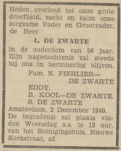 Het overlijden van Leendert de Zwarte, vader van Roosje. Bron: Vooruit (socialistisch dagblad) van 04-12-1940.  