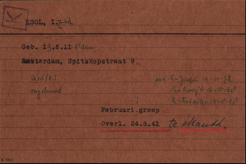 Kaart Joodse Raad van Izak Kool, bron: Arolsen Archives  