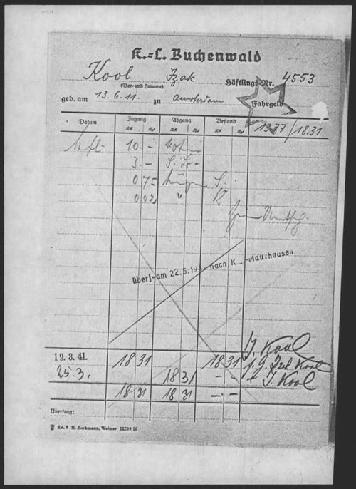 Formulier uit KZ Buchenwald met informatie over zijn ‘Jahrgeld’, bron: Arolsen Archives  