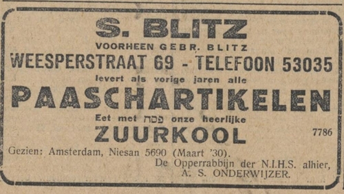 Advertentie van kruidenier Blitz uit de Weesperstraat 69, bron: het NIW van 4 april 1930.  