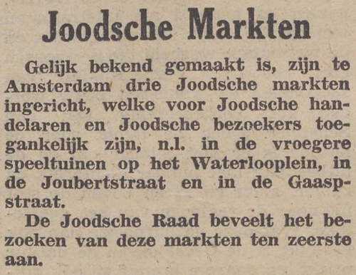 Joodse markt in de Joubertstraat. Bron: Het Joodsche weekblad; uitgave van den Joodschen Raad voor Amsterdam, jrg 1, 1941, no 31, 07-11-1941  