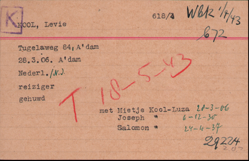 Kaart Joodse Raad van Levie Kool, bron: Arolsen Archives  