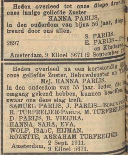 Het overlijden van tante Hanna Parijs, bron het NIW van 8 september 1911.  
