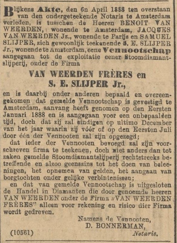 Advertentie over de totstandkoming van de vennootschap van de Frères van Weerden en Slijper, bron: het Alg. Handelsblad van 12 april 1888.  
