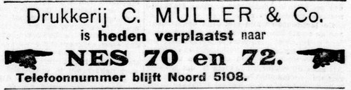 Adv. over de verhuizing van Drukkerij Muller & Co, bron: De Telegraaf van 01-05-1912  