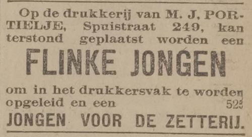 Advertentie voor drukkerij Portielje, gevraagd een ‘jongen voor de zetterij’, bron: De Courant van 28-12-1915  
