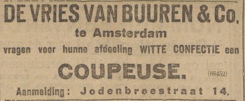 Advertentie voor De Vries en Van Buuren, Jodenbreestraat. Bron: Alg. Handelsblad van 13-12-1918  