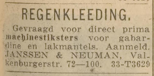 Advertentie voor Janssen en Neuman in de Valkenburgerstraat 72 – 100. Bron: De courant Het nieuws van den dag van 22-09-1933  