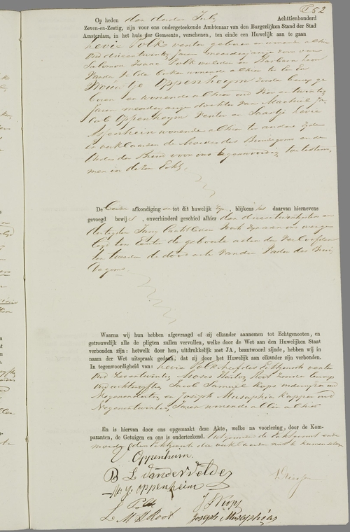 Huwelijksakte van Levie Polk en Vrouwtje Oppenheijm, 03 juli 1867. Bron WieWasWie NB de getuigen en Vrouwtje zelf schrijven hun naam met een i en niet met ij. De akte opgemaakt door een ambtenaar van de BS schrijft de naam wel met ij.   