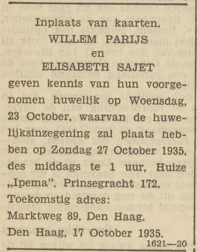 Huwelijksaankondiging van Willem (Wolf) Parijs en Elisabeth Parijs in Het Volk van 17 oktober 1935.  