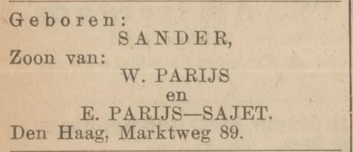 Geboorte van Sander Parijs, zoon van Wolf en Elisabeth, bron: Centraal blad voor Israëlieten in Nederland van 27-08-1936  