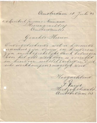 Brief van Isaäc Parijs aan de directie van de firma Lambert, janssen & Neumann van 18 juli 1942. Bron: joodsmonument, privé collectie.  
