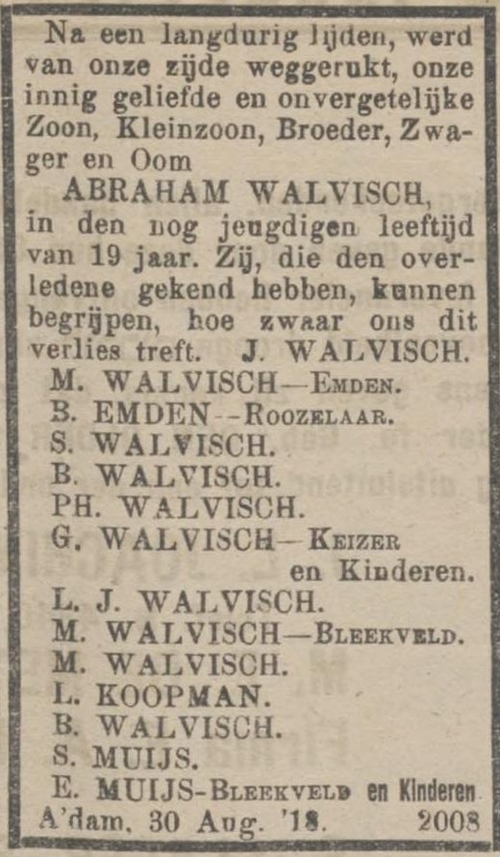 Overlijdensbericht van Abraham Walvisch in 1918, bron: het NIW van 06-09-1918  