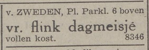 Gezocht dagmeisje voor Rusthuis Van Zweden, bron: Het Joodsche weekblad; uitgave van den Joodschen Raad voor Amsterdam, jrg 1, 1941, no 37, 19-12-1941  