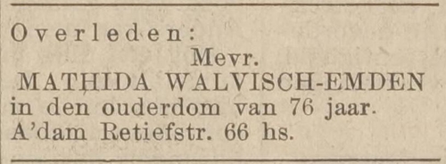 Het overlijden van ‘Matje’ Walvisch van Emden op 1 mei 1937, bron: Centraal blad voor Israëlieten in Nederland van 06-05-1937  
