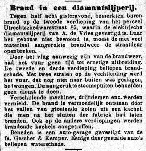 Brand in de elektrische diamantslijperij De Vries in de Utrechtsedwarsstraat, bron: Het Volk van 20 dec. 1920    