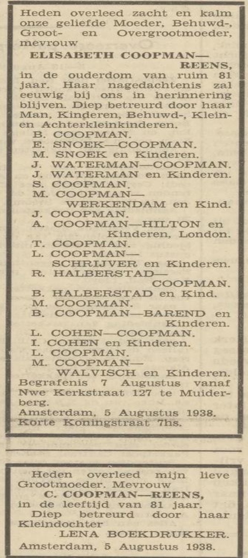 Overlijden van Elisabeth Coopman – Reens op 5 augustus 1938. Bron: Het Volk van 06-08-1938  