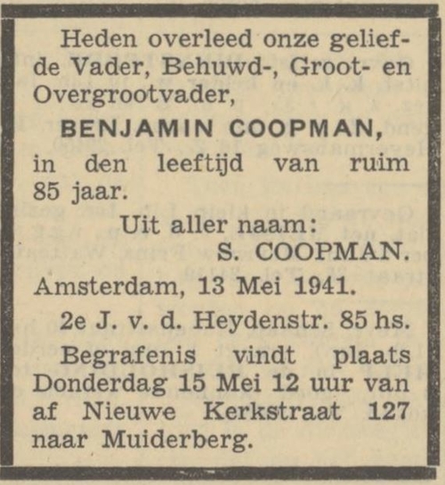 Overlijden van Benjamin Coopman, bron: het Algemeen Handelsblad van 14-05-1941  