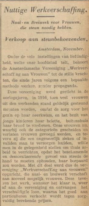 Over de Vereniging Werkverschaffing aan Vrouwen, bron: De Locomotief van 08-12-1934 (Semarang – Ned. Indië).   