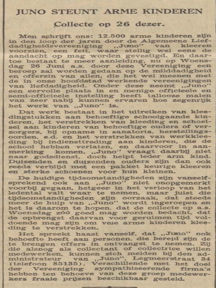 Artikel over JUNO en haar inzameling in 1935, bron: Algemeen Handelsblad van 21 – 06 – 1935.   