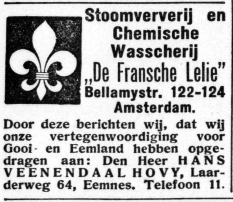 Advertentie voor de Stoomververij De Fransche Lelie, bron: De Gooi- en Eemlander: nieuws- en advertentieblad van 21-10-1933  