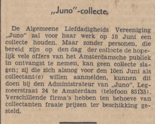 Oproep om te collecteren voor JUNO, bron: De Standaard van 05-06-1936  