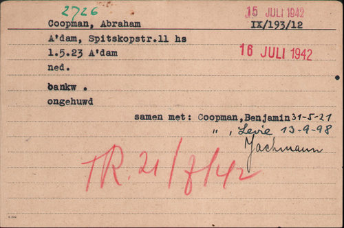 Kaart Joodse Raad van Abraham Coopman, bron: Arolsen Archives  