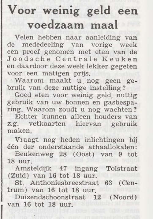 Over de Joodsche Centrale Keuken, bron: Het joodsche weekblad: uitgave van den Joodschen Raad voor Amsterdam van 12-03-1943  