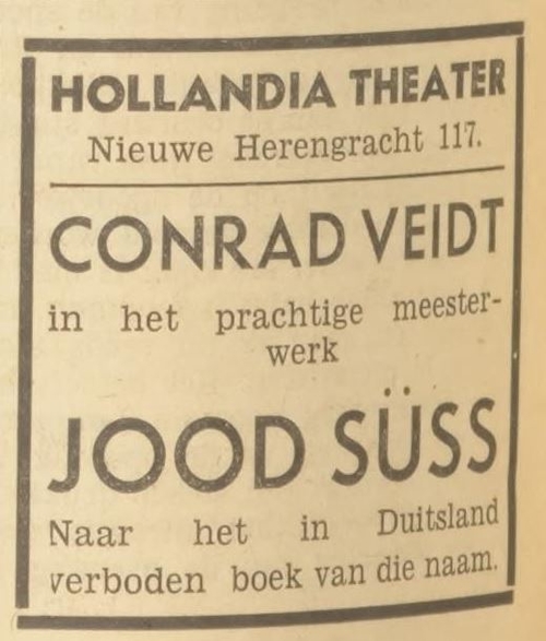 Vertoning van de Nazi – film Jood Süss in het Hollandia Theater, bron: Het Volk van 24-09-1936  