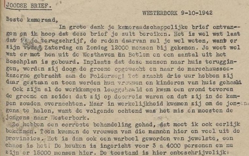 De ‘Joodse brief’ uit Westerbork die gaat over de komst van de Joodse mannen uit de werkkampen. Bron: De Waarheid van 09-10-1942  