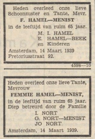 Familieberichten n.a.v. het overlijden van Femmie Hamel – Menist, bron: het Zaans Volksblad van 16 maart 1939  