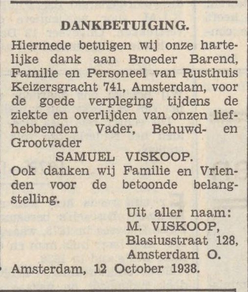 Dankbetuiging aan het personeel van Rusthuis Barend, bron: Zaans volksblad: sociaal-democratisch dagblad van 12-10-1938  
