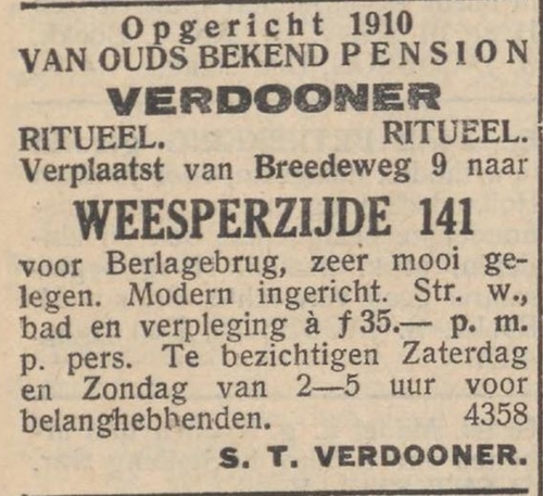 Pension Verdooner is verhuisd naar de Weesperzijde, bron: het Nieuw Israëlitisch weekblad van 24-01-1936  