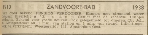 Pension Verdooner, ook in Zandvoort, bron: Het Volk van 21-07-1938  