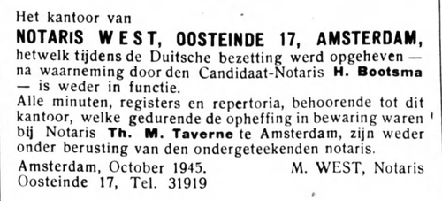 Advertentie voor Notaris M. West na sluiting oorlogsjaren.  Bron: Het Financieele dagblad: waarin opgenomen het Amsterdamsch effectenblad en de Dagelĳksche beurscourant van 26-10-1945  