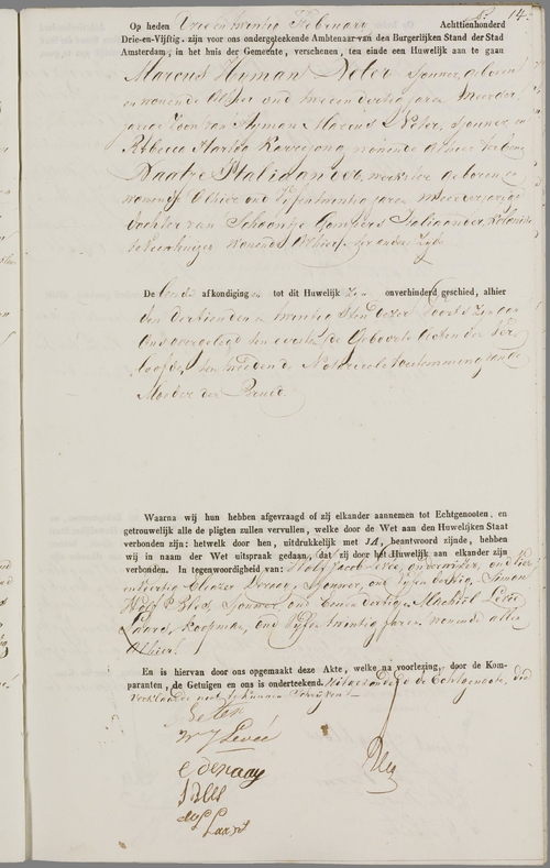 Huwelijksakte Marcus Neter en Naatje Italiaander op 23 februari 1853, bron: WieWasWie  